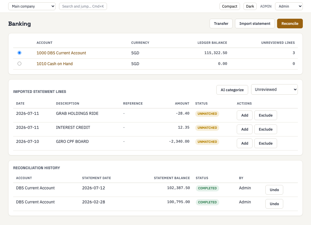 Bank reconciliation in DoLedger