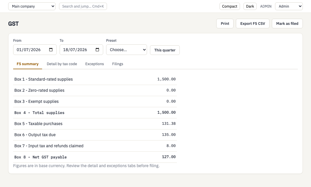 GST F5 summary in DoLedger